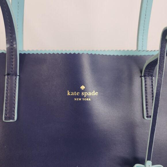 Kate Spade New York Navy Blue Leather Tote Bag Large Light Blue Trim Zip Top - Picture 2 of 15